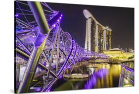 People Strolling on the Helix Bridge Towards the Marina Bay Sands and Artscience Museum at Night-Fraser Hall-Stretched Canvas