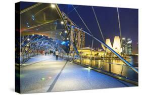 People Strolling on the Helix Bridge Towards the Marina Bay Sands and Artscience Museum at Night-Fraser Hall-Stretched Canvas