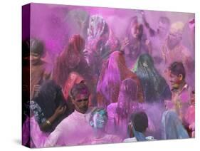 People Throwing Color Powder and Water on Street, Holy Festival, Barsana, India-Keren Su-Stretched Canvas