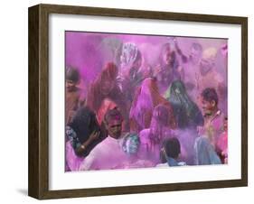 People Throwing Color Powder and Water on Street, Holy Festival, Barsana, India-Keren Su-Framed Photographic Print