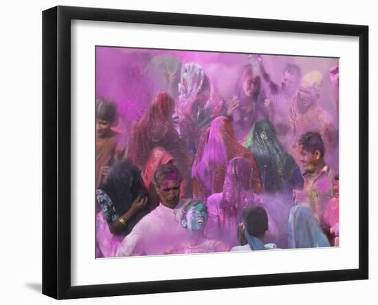 People Throwing Color Powder and Water on Street, Holy Festival, Barsana, India-Keren Su-Framed Photographic Print