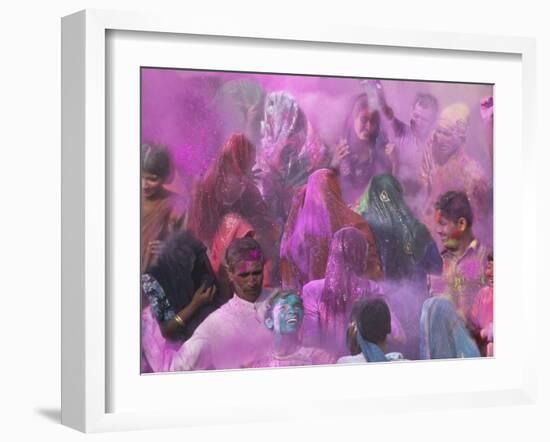 People Throwing Color Powder and Water on Street, Holy Festival, Barsana, India-Keren Su-Framed Photographic Print