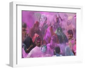 People Throwing Color Powder and Water on Street, Holy Festival, Barsana, India-Keren Su-Framed Photographic Print