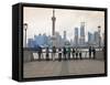 People Viewing the Pudong Skyline and the Oriental Pearl Tower from the Bund, Shanghai, China, Asia-Amanda Hall-Framed Stretched Canvas