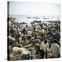 People Waiting on Beach for Dhows to Land Fish, Stone Town, Zanzibar, Tanzania, East Africa, Africa-Lee Frost-Stretched Canvas