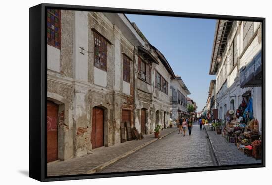 People walking on street, Calle Crisologo, Vigan, Ilocos Sur, Philippines-null-Framed Stretched Canvas