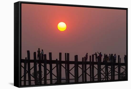 People walking on U-Bein bridge over Taung Tha Man Lake at sunset, Amarapura, Mandalay, Myanmar-Jan Miracky-Framed Stretched Canvas