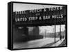 People Walking under Large Sign at Peech and Tozer Steel Plant-null-Framed Stretched Canvas