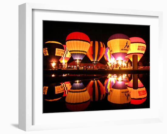 People Watch Hot Air Balloons as They Reflect off the Barigui Lake-null-Framed Photographic Print