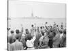 People Waving to the Statue of Liberty-null-Stretched Canvas