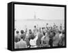 People Waving to the Statue of Liberty-null-Framed Stretched Canvas