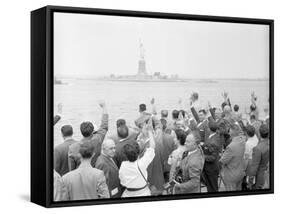 People Waving to the Statue of Liberty-null-Framed Stretched Canvas