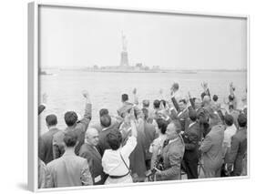 People Waving to the Statue of Liberty-null-Framed Photographic Print