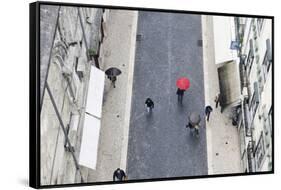 People with Colourful Umbrellas, Vertical View from the Elevador De Santa Justa, Lisbon-Axel Schmies-Framed Stretched Canvas