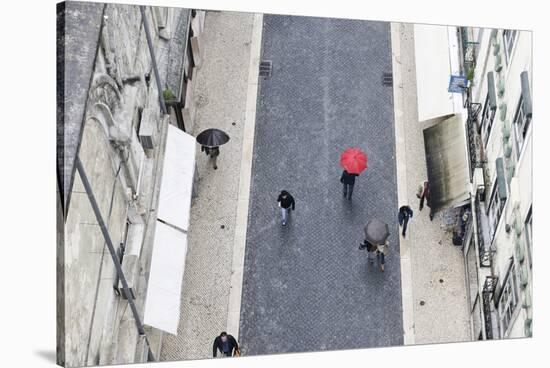 People with Colourful Umbrellas, Vertical View from the Elevador De Santa Justa, Lisbon-Axel Schmies-Stretched Canvas