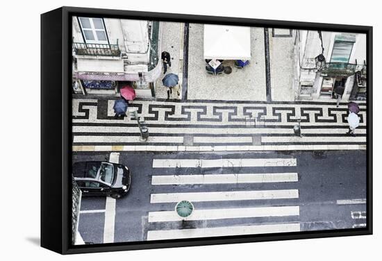 People with Colourful Umbrellas, Vertical View from the Elevador De Santa Justa on Street, Portugal-Axel Schmies-Framed Stretched Canvas