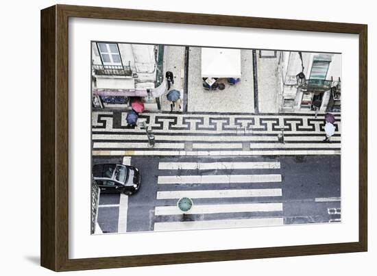 People with Colourful Umbrellas, Vertical View from the Elevador De Santa Justa on Street, Portugal-Axel Schmies-Framed Photographic Print