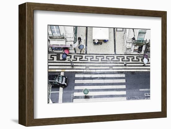 People with Colourful Umbrellas, Vertical View from the Elevador De Santa Justa on Street, Portugal-Axel Schmies-Framed Photographic Print