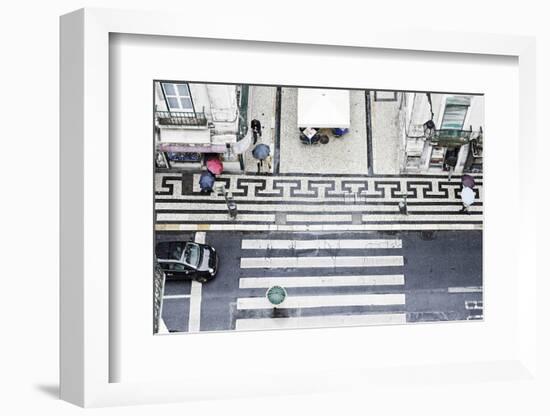 People with Colourful Umbrellas, Vertical View from the Elevador De Santa Justa on Street, Portugal-Axel Schmies-Framed Photographic Print