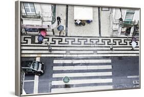 People with Colourful Umbrellas, Vertical View from the Elevador De Santa Justa on Street, Portugal-Axel Schmies-Framed Photographic Print