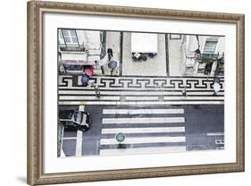 People with Colourful Umbrellas, Vertical View from the Elevador De Santa Justa on Street, Portugal-Axel Schmies-Framed Photographic Print