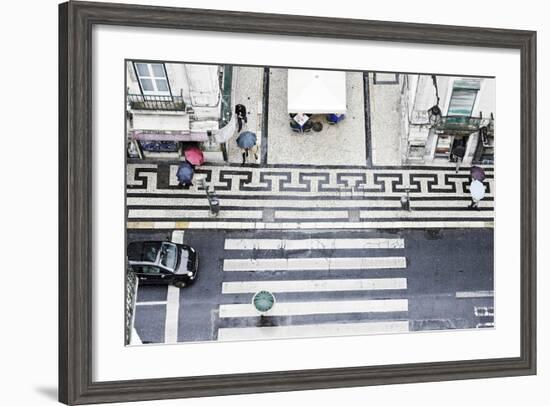 People with Colourful Umbrellas, Vertical View from the Elevador De Santa Justa on Street, Portugal-Axel Schmies-Framed Photographic Print