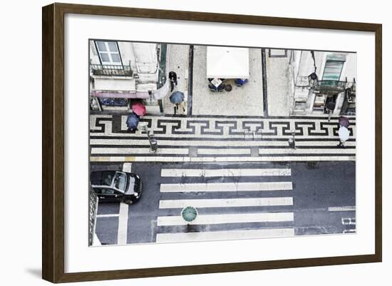 People with Colourful Umbrellas, Vertical View from the Elevador De Santa Justa on Street, Portugal-Axel Schmies-Framed Photographic Print