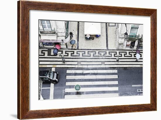 People with Colourful Umbrellas, Vertical View from the Elevador De Santa Justa on Street, Portugal-Axel Schmies-Framed Photographic Print