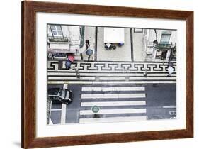 People with Colourful Umbrellas, Vertical View from the Elevador De Santa Justa on Street, Portugal-Axel Schmies-Framed Photographic Print