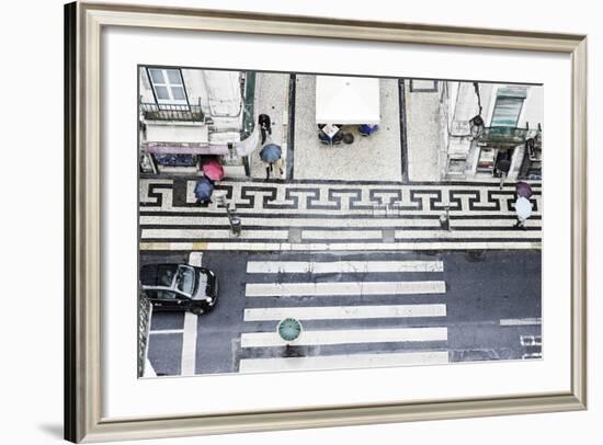 People with Colourful Umbrellas, Vertical View from the Elevador De Santa Justa on Street, Portugal-Axel Schmies-Framed Photographic Print