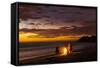 People with Driftwood Fire at Sunset on Playa Guiones Beach-Rob Francis-Framed Stretched Canvas