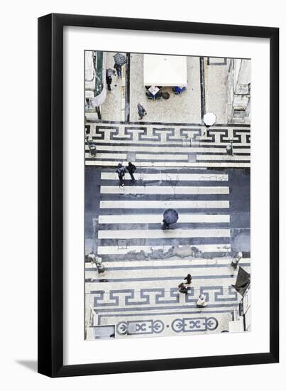 People with Umbrellas, Vertical View from the Elevador De Santa Justa, Lisbon-Axel Schmies-Framed Photographic Print