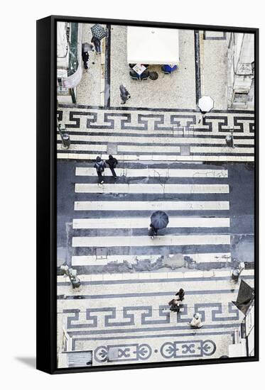 People with Umbrellas, Vertical View from the Elevador De Santa Justa, Lisbon-Axel Schmies-Framed Stretched Canvas