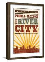 Peoria, Illinois - Skyline and Sunburst Screenprint Style-Lantern Press-Framed Art Print