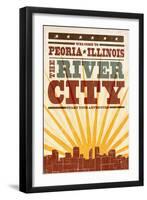 Peoria, Illinois - Skyline and Sunburst Screenprint Style-Lantern Press-Framed Art Print