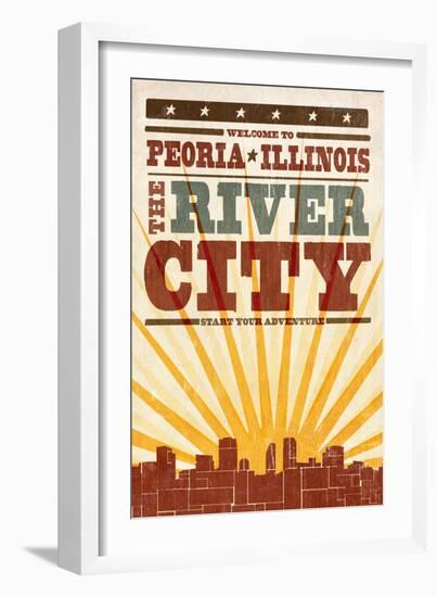 Peoria, Illinois - Skyline and Sunburst Screenprint Style-Lantern Press-Framed Art Print