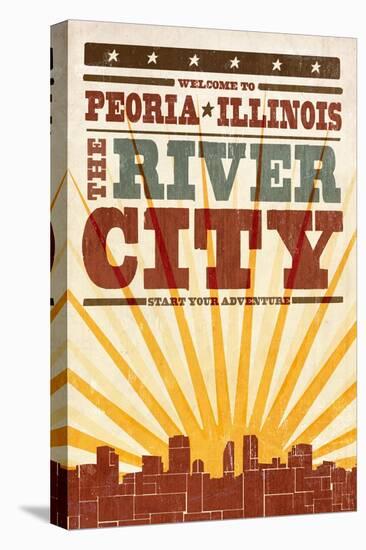 Peoria, Illinois - Skyline and Sunburst Screenprint Style-Lantern Press-Stretched Canvas