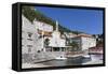 Perast Harbour with Cafes and Boats Moored Up-Charlie Harding-Framed Stretched Canvas