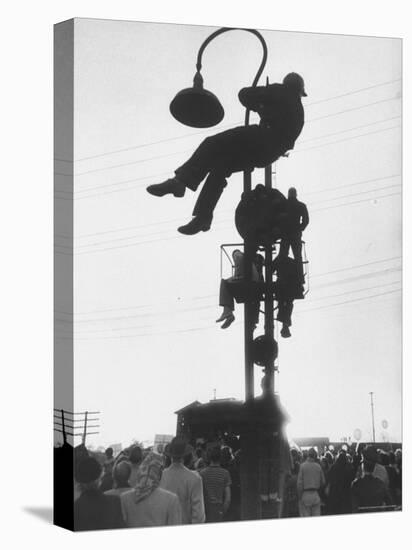 Perched on a Railroad Signal Youths Waiting to See a Glimpse of Adlai E. Stevenson-Cornell Capa-Stretched Canvas
