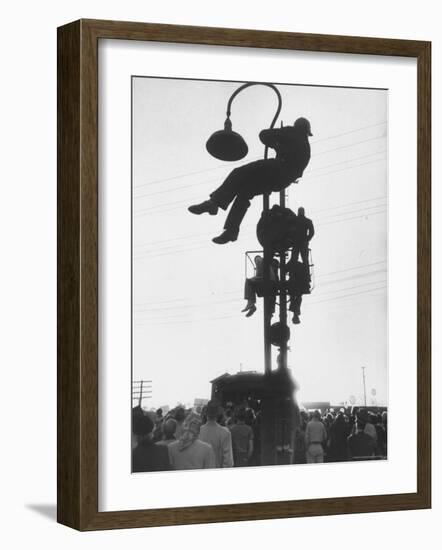 Perched on a Railroad Signal Youths Waiting to See a Glimpse of Adlai E. Stevenson-Cornell Capa-Framed Photographic Print