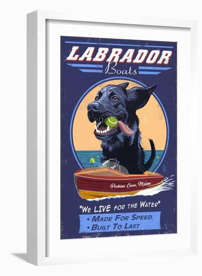 Perkins Cove, Maine - Black Labrador - Retro Boats Ad - Lantern Press Artwork-Lantern Press-Framed Art Print