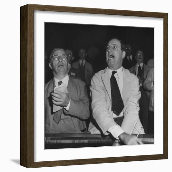 Perry E. Moore and Leslie J. Healey Shouting on Floor of Stock Exchange-Herbert Gehr-Framed Photographic Print