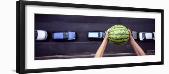 Person Dropping a Watermelon from High Above onto a Street-null-Framed Photographic Print