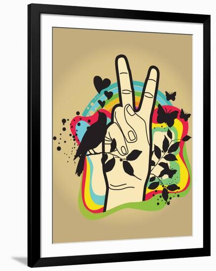 Person Making Peace Symbol, Butterflies and Dove in Background-New Vision Technologies Inc-Framed Photographic Print