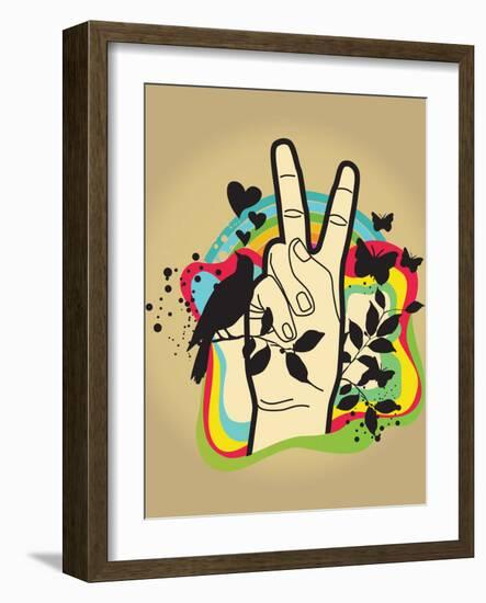 Person Making Peace Symbol, Butterflies and Dove in Background-New Vision Technologies Inc-Framed Photographic Print