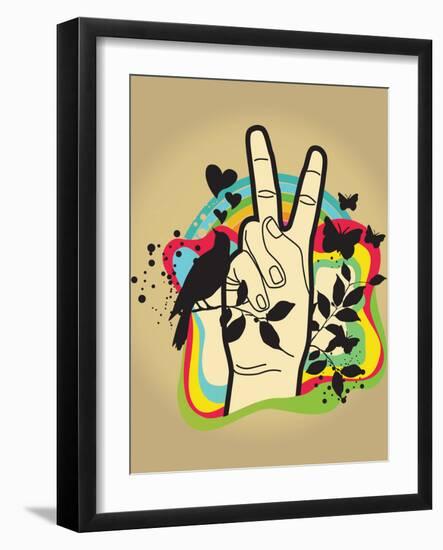 Person Making Peace Symbol, Butterflies and Dove in Background-New Vision Technologies Inc-Framed Photographic Print