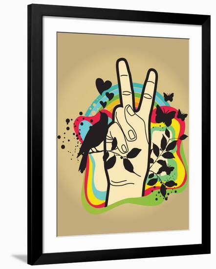 Person Making Peace Symbol, Butterflies and Dove in Background-New Vision Technologies Inc-Framed Photographic Print