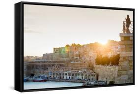 Person photographing the Grand Harbour in Valletta at dusk. Valletta, Malta, Mediterranean, Europe-Martin Child-Framed Stretched Canvas