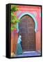 Person Walikng Infront of Traditional Moroccan Decorative Door, Tangier, Morocco, North Africa-Neil Farrin-Framed Stretched Canvas