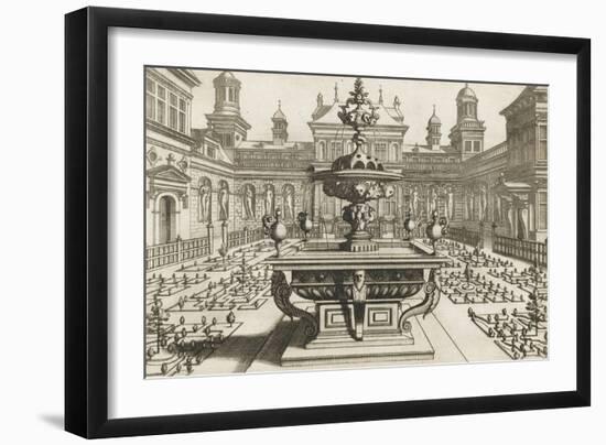 Perspective d'architecture avec parterres et fontaine-null-Framed Giclee Print